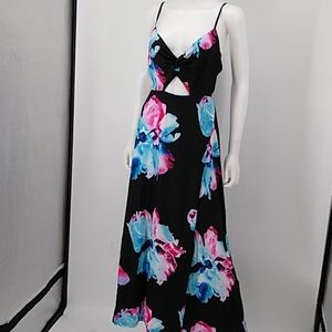 V Neck Tie Backless Floral Split Maxi Dress
